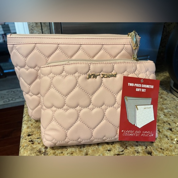 Betsey Johnson Handbags - Betsey Johnson Pink Quilted Heart Cosmetic Bag Set